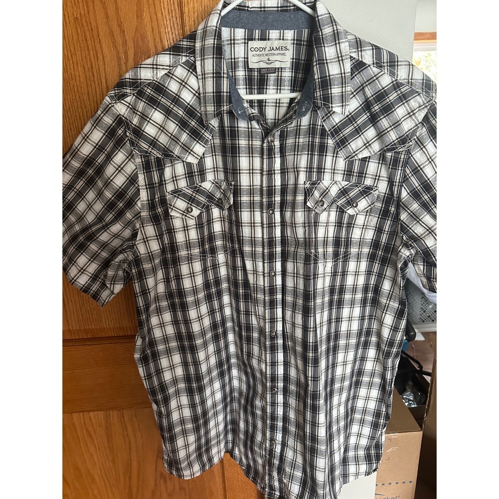Cody James  2XLT Black White Plaid Pearl Snap Short Sleeve Western Shirt Tall - Picture 2 of 8